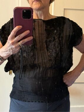 Black Sheer MaxStudio Embroidered Blouse with Smocked Waist